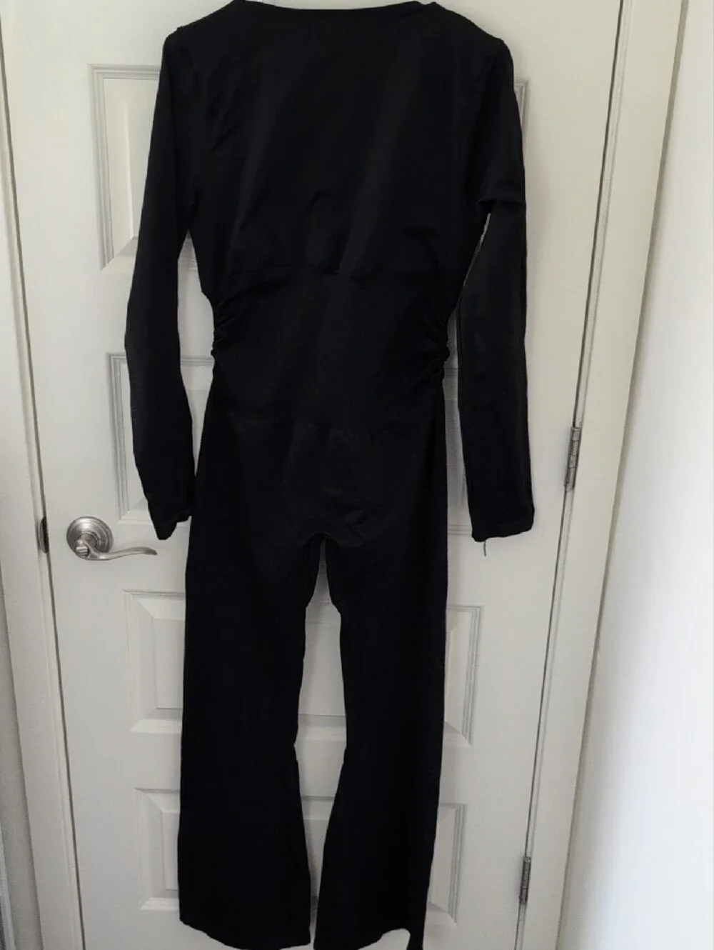 OQQ Jumpsuit Flare Leg Long Sleeve Black V Neck Fitted Size XL